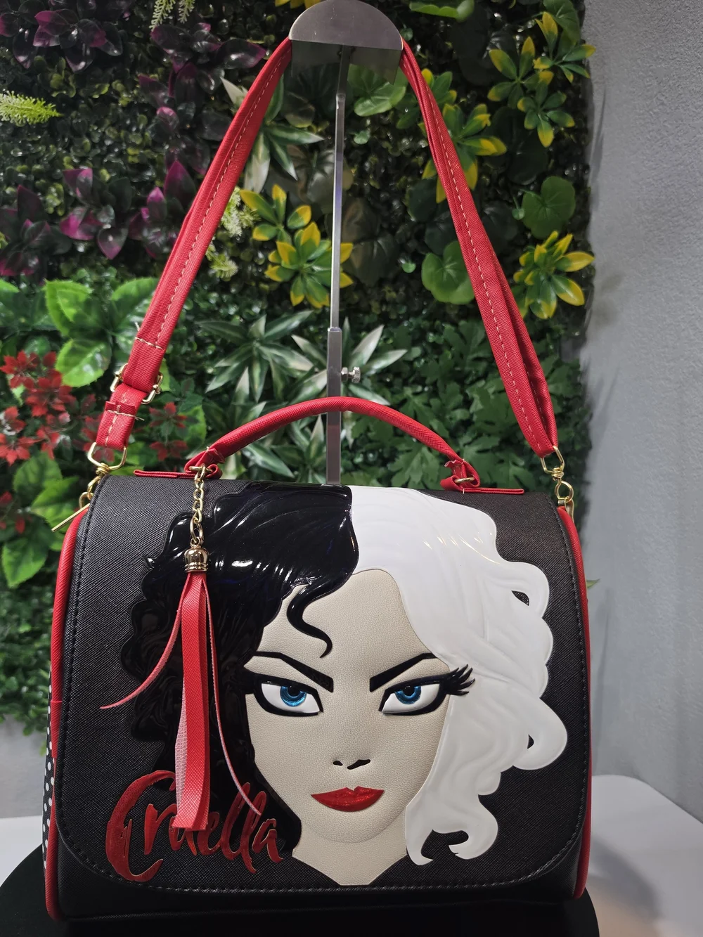 Black and Red Women's Satchel with Graphic Face Detail